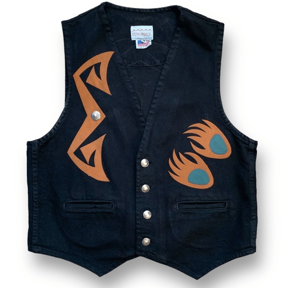 90s Black Denim Vest Sundance Bear Paw Boho Western Unisex Medium USA Made